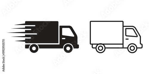 Minimalist Delivery Truck Icons Set Featuring Solid Black Silhouette With Speed Motion Lines And Simple Line Art Outline Vector Symbols For Logistics And Freight Shipping