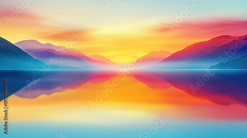 Vibrant dawn sky reflected in a tranquil lake with distant mountains creating a serene and colorful natural landscape.