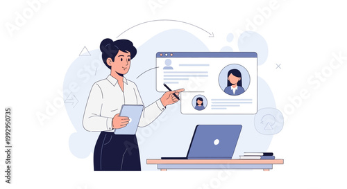 Woman reviewing resumes online on laptop, digital recruitment process, HR concept