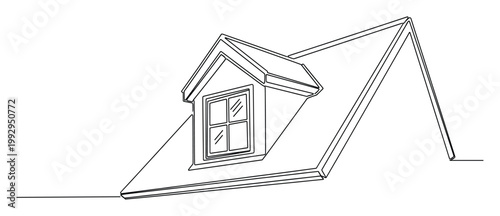 Minimalist contour drawing of a residential dormer window and roof structure, useful for construction blueprints and property advertisements