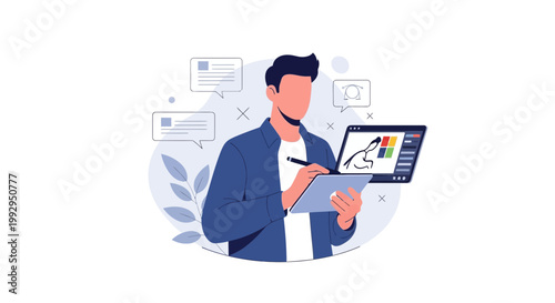Graphic designer working on digital tablet with stylus, creative process illustration