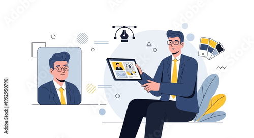 Graphic designer working on tablet, digital art, creative process, portfolio