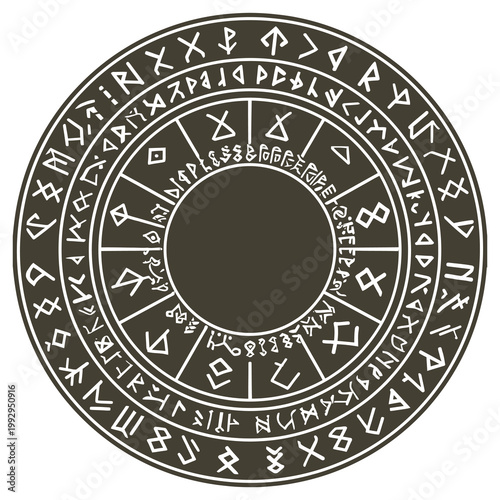Dark brown circular magic symbol with runic inscriptions, representing ancient rituals, occult practices, and mystical fantasy elements.