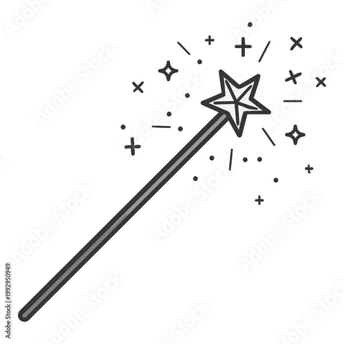 Monochrome line style magic wand with sparkles, perfect for minimal icons, UI elements, and simple fantasy themed graphics.