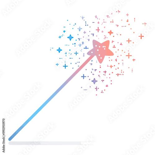 Magic wand with gradient colors and scattered sparkles, representing magical transformation, fantasy themes, and creative visual effects.