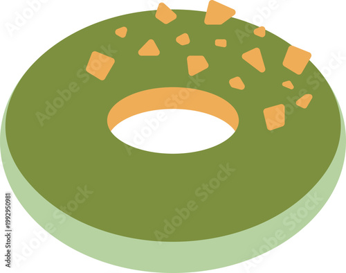 ナッツと抹茶がコーティングされたドーナツ・An illustration of a delicious-looking donut coated with nuts and matcha.
