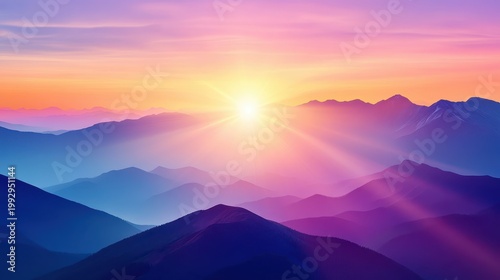 Vibrant purple and pink sunset illuminating misty mountain ranges with brilliant sun rays