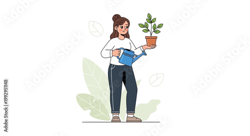 Woman watering potted plant, illustration of growth and care