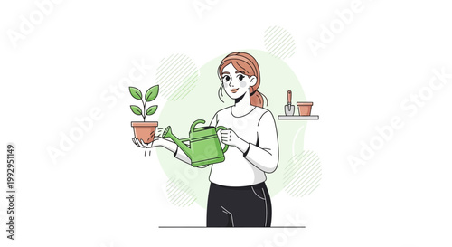 Woman watering a potted plant with a green watering can, illustration