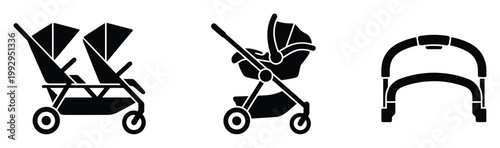 Modern baby stroller and pram silhouettes, offering various designs for childcare product displays