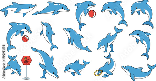Dolphin cartoon vector set in flat style, playful marine animal collection with jumping, swimming and circus tricks for kids and ocean design