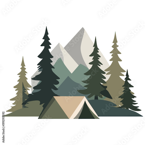 Forest scene with camping tent and mountains, showing peaceful outdoor setting ideal for travel, adventure, and nature themes.