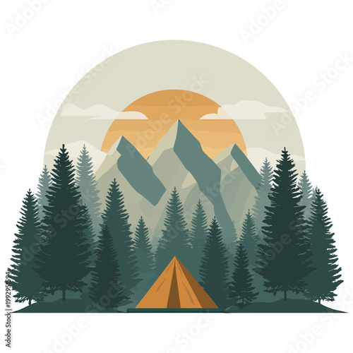 Scenic mountain forest with sunset and camping tent, evoking peaceful outdoor adventure, travel lifestyle, and nature exploration.