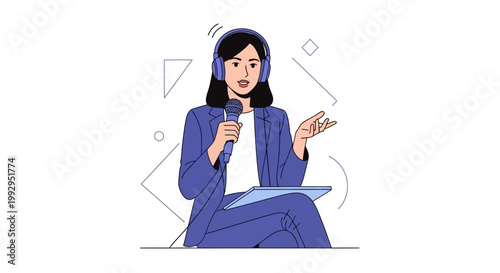 Journalist with Headphones and Microphone Reporting Live, Modern Flat Illustration