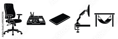 Ergonomic office chair and modern desk accessories collection for comfortable workspace and professional productivity