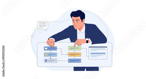 Man analyzing flowchart, business process, strategy, planning, workflow, decision making