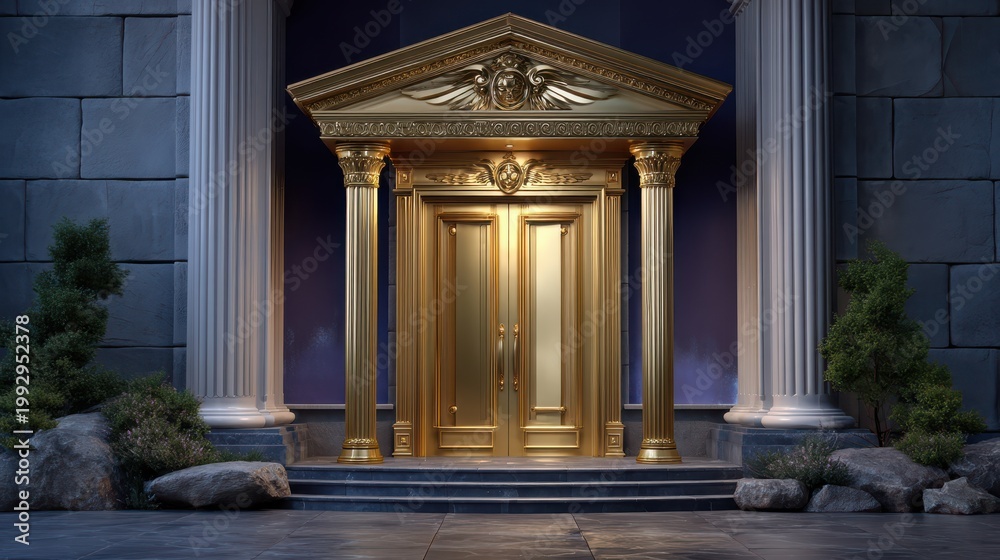 Obraz premium A grand golden door framed by classical columns and stone steps, set against a dark backdrop with plants and rocks on either side.