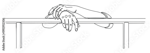 Monoline drawing of hands resting on parallel bars, symbolizing support and perseverance for health and wellness content.