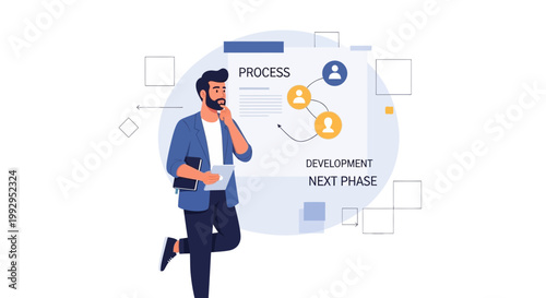 Man analyzing process flow chart for development next phase