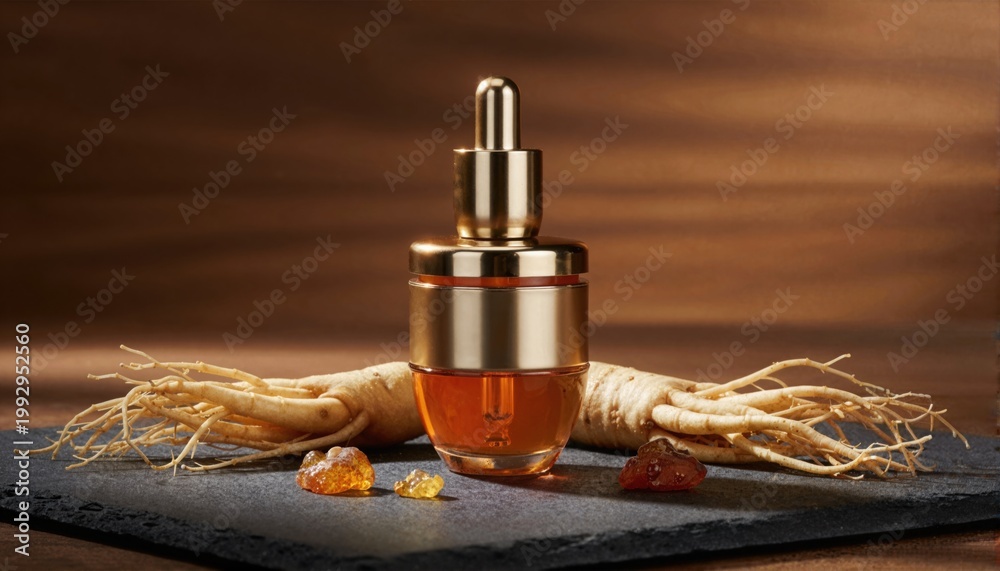 Fototapeta premium Gold and amber cosmetic dropper bottle surrounded by raw ginseng roots on slate