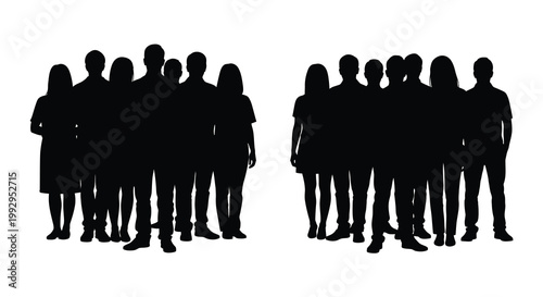 Silhouettes of two groups of people facing each other in black