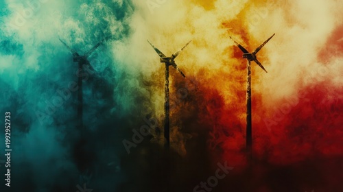 Vibrant wind turbines stand against a backdrop of colorful smoke, symbolizing renewable energy battling air pollution.