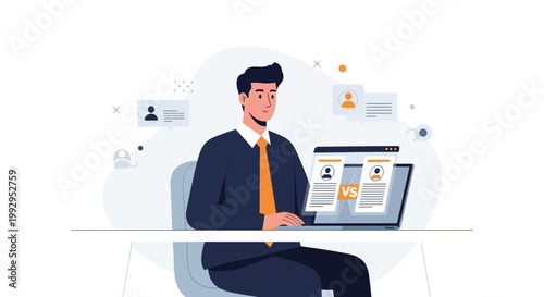 Man comparing resumes on laptop, recruitment, hiring, job search, hr concept