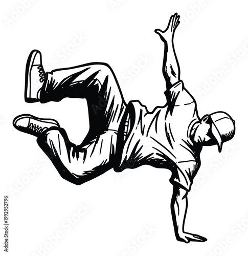 Stylish handdrawn bboy in a freeze breakdance pose, great for urban culture promotions or active lifestyle content.