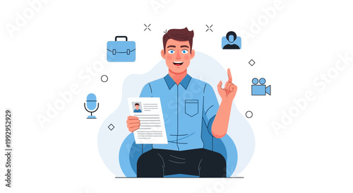 Man Holding Resume, Job Interview Concept, Business Icons, Illustration