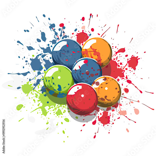 Shiny colored spheres grouped together with expressive paint splashes forming a creative and eye-catching abstract visual.