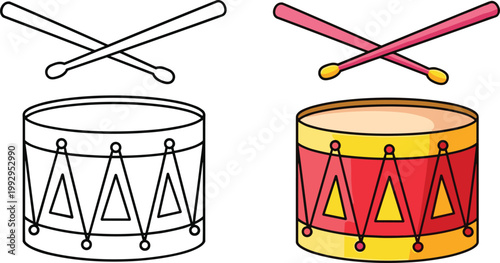 Drum with drumsticks vector illustration set in flat and outline style, musical percussion instrument icons for music, band and rhythm design