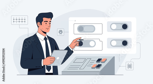 Man in Suit Adjusting Controls on Digital Interface, Business Technology Concept