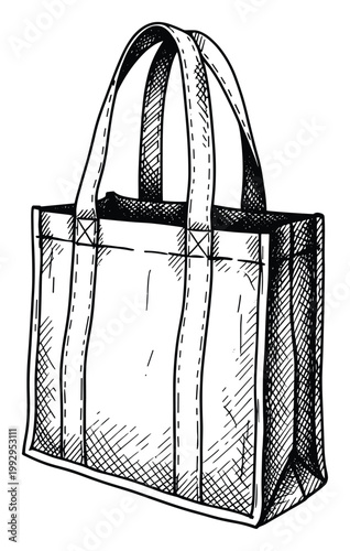 Hand drawn sketch of a versatile reusable tote bag, perfect for ecofriendly promotions, grocery shopping graphics, and sustainable lifestyle branding.