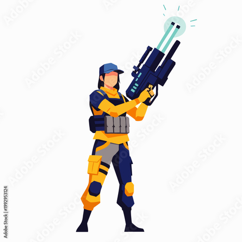 Futuristic soldier in tactical gear holding a powerful laser gun, ready for action in a sci-fi battle. Vector illustration for gaming and technology concepts.