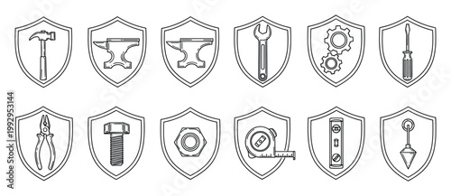 Collection of outline tools and hardware items inside shield emblems for industrial service and repair logos