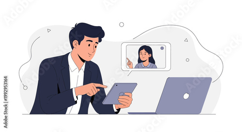 Man in suit on video call with woman, using tablet and laptop for remote work
