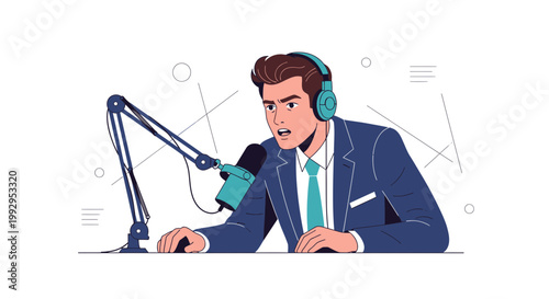 Man in Suit with Headphones Recording Podcast at Desk with Microphone