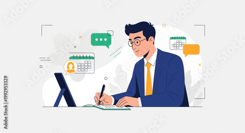 Man in suit working remotely, online meeting, calendar and chat bubbles