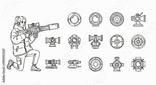 Precision aiming: Tactical shooter with high-powered rifle and scope, surrounded by diverse weapon sights and targeting systems. Line art illustration.