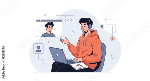 Man in video call with headset and laptop, online communication concept
