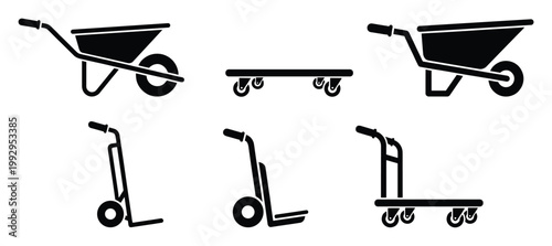 Versatile collection of material handling equipment silhouettes including wheelbarrows and various utility carts for logistics and gardening projects