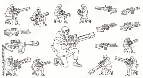 Collection of detailed line art illustrations featuring a soldier in tactical gear, aiming various futuristic sci-fi weapons and guns, in a dynamic combat pose.