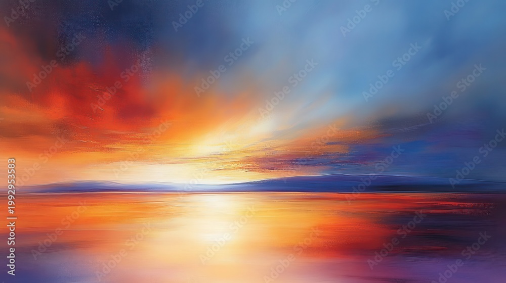 Fototapeta premium Vibrant Impressionistic Sunset Painting with Warm Light Reflecting on Calm Water