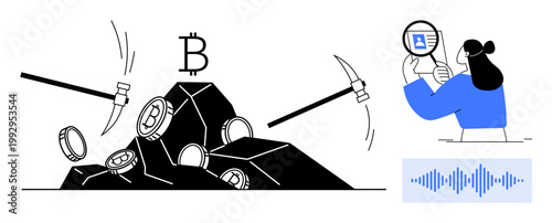 Cryptocurrency mining. Digital coins extracted using tools, blockchain technology and virtual currency. Cryptocurrency supporting innovation, fintech, blockchain, digital assets