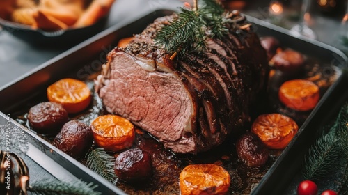 Succulent Holiday Roast Beef with Festive Sides in a Rustic Christmas Dinner Setting