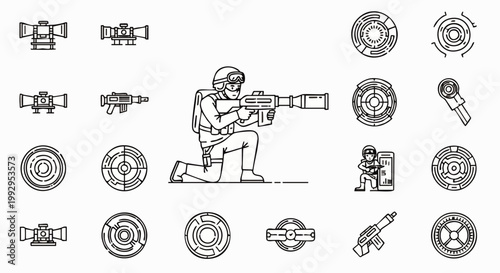 Military Soldier with Rocket Launcher and Tactical Gear, Vector Line Art Illustration of Warfare and Defense Equipment