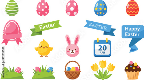 Set of Easter Icons Including Eggs, Bunny, Chick, and Basket for Spring, Holiday, and Celebration Illustrations