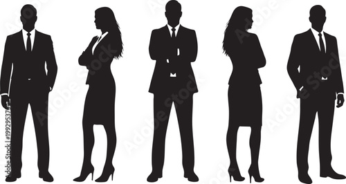 A group of business professionals standing together in formal attire.