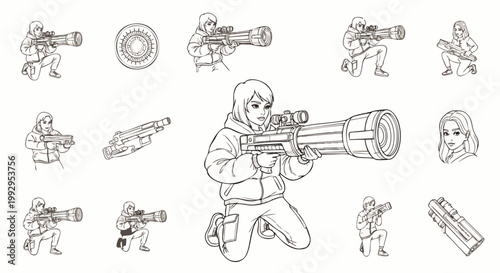 Collection of cartoon line art illustrations of a female soldier with a futuristic weapon, ready for action