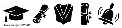 Graduation cap diploma gown and ringing bell icons for academic achievement and school success